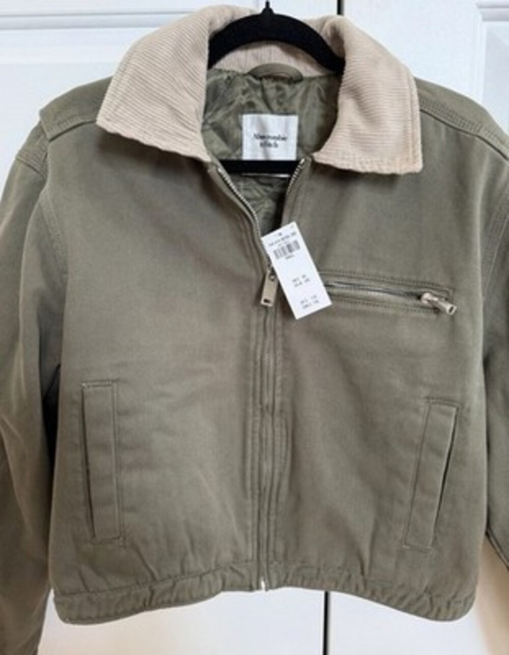 New Abercrombie & Fitch Padded Jacket w/ Corduroy Collar, Olive Green Size S NWT